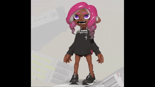 a cartoon character with pink hair and purple eyes is wearing a black shirt that says ' i 'm sorry '
