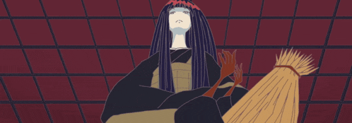 a cartoon drawing of a woman holding a bunch of straw