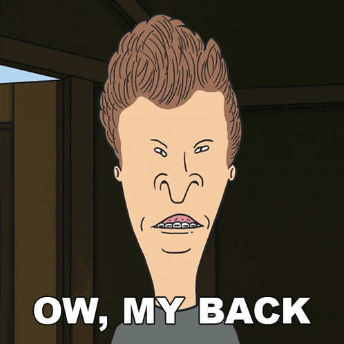 a cartoon character with braces on his teeth and the words ow my back below him
