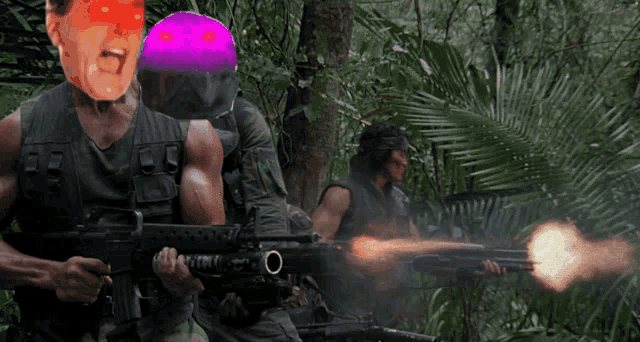 a group of soldiers holding guns in the jungle