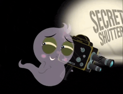 a cartoon ghost is holding a camera in front of a sign that says " secret shutter "