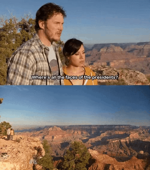 a man and a woman are standing in front of a grand canyon and talking about where all the faces of the presidents