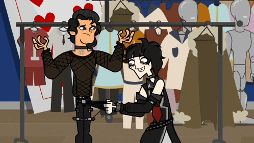 a couple of cartoon characters standing next to each other in front of clothes racks