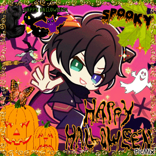 a happy halloween greeting card with a witch and ghosts