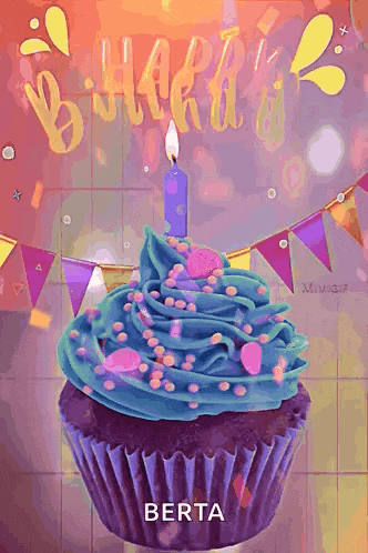a birthday cupcake with blue frosting and a candle with the name berta on the bottom