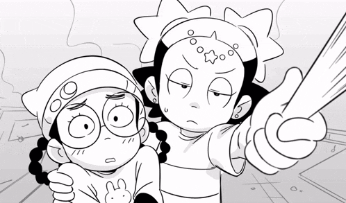 a black and white drawing of two cartoon characters