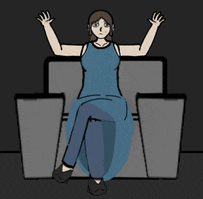 a cartoon of a woman in a blue dress sitting on a chair