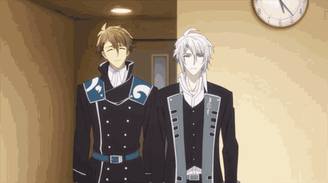 two anime characters are standing next to each other in front of a clock that shows the time as 8:17