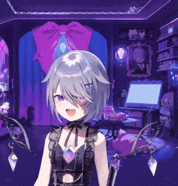 a girl in a room with a purple curtain and a computer
