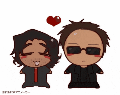 a cartoon of two men with sunglasses and a red heart above them