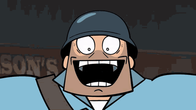 a cartoon character is smiling in front of a sign that reads son 's