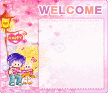 a welcome sign with a boy and a girl