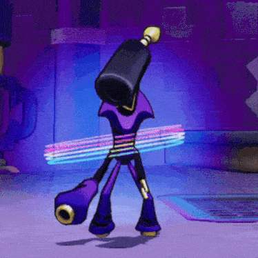 a cartoon character with a bottle on his head is dancing in a purple room