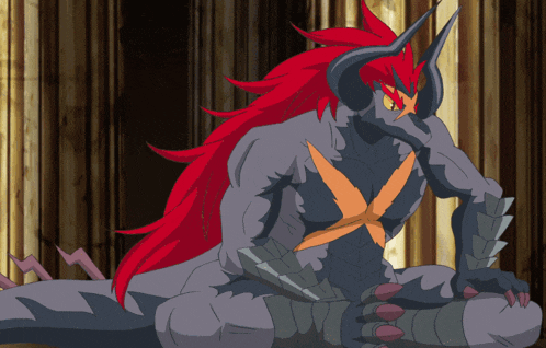 a cartoon character with red hair and horns