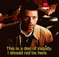 a man in a suit and tie says this is a den of iniquity i should not be here .