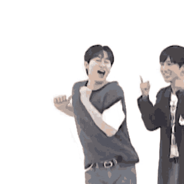 two men are standing next to each other on a white background and dancing .