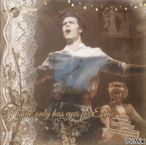 a picture of a man with his arms outstretched and the words mischa only has eyes for esme