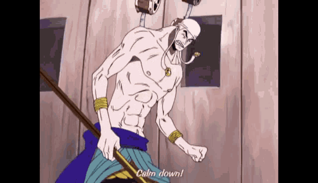 a cartoon character says calm down while holding a pole