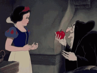 a cartoon of snow white giving an apple to evil queen