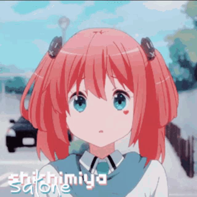 a girl with red hair and blue eyes has the name shichimiya on the bottom right