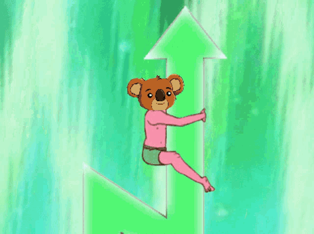 a cartoon koala is sitting on a green arrow pointing upwards