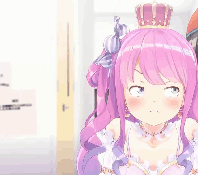 a girl with pink hair and a crown on her head looks angry