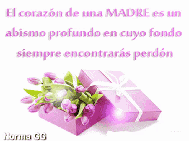 a pink gift box with purple flowers in it and a quote from norma gg