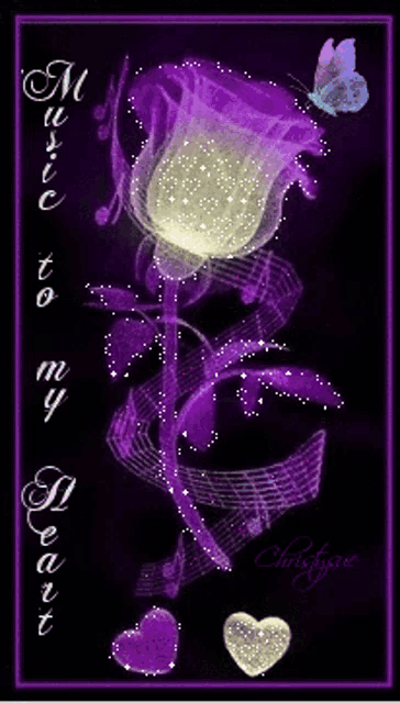 a purple rose with the words music to my heart written below it