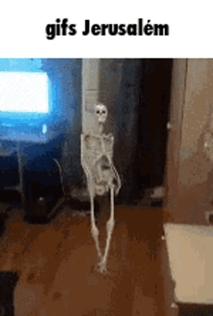 a skeleton is standing in a room with the words gifs jerusalem on the top .