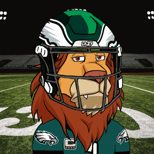 a cartoon of a lion wearing a football helmet that says lazy on it