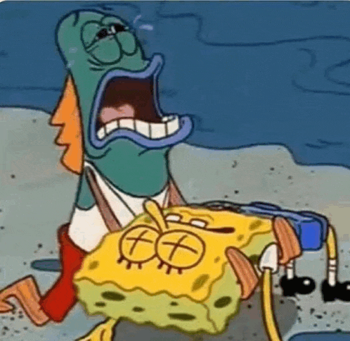 a cartoon character is holding a dead spongebob squarepants in his arms .