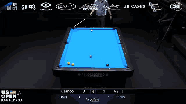 a pool table sponsored by jb cases and diamond
