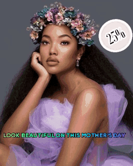 a woman wearing a purple dress and a flower crown is sitting down .