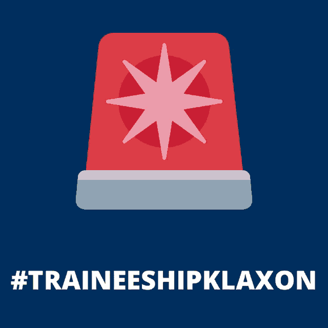a blue background with a red light and the words traineeshipklaxon