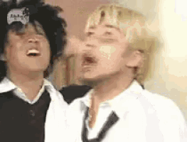 two men are standing next to each other with their mouths open and one of them is wearing a wig .
