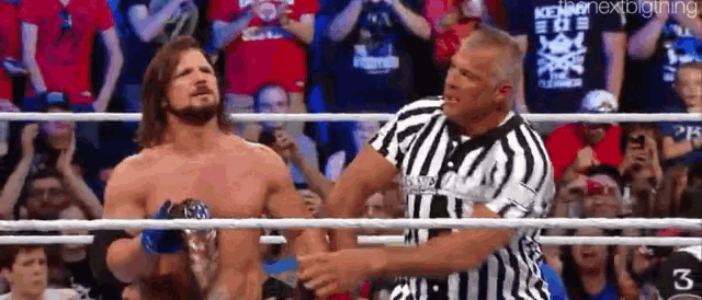 a referee is shaking hands with a wrestler in the ring .