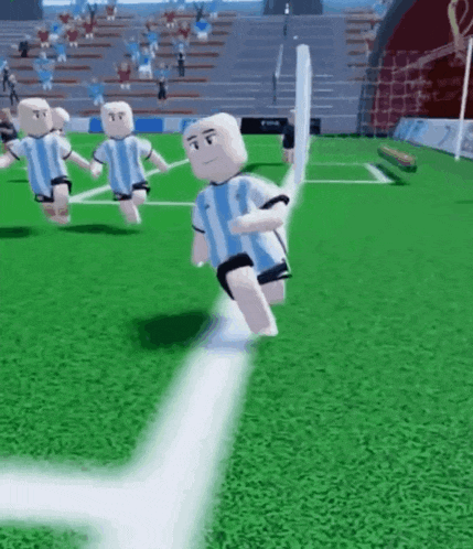 a group of lego soccer players are playing a game on a field .