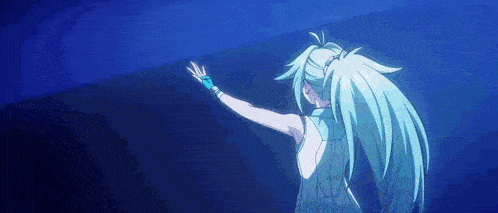 a girl with long blue hair is standing in front of a blue background with her arms outstretched .