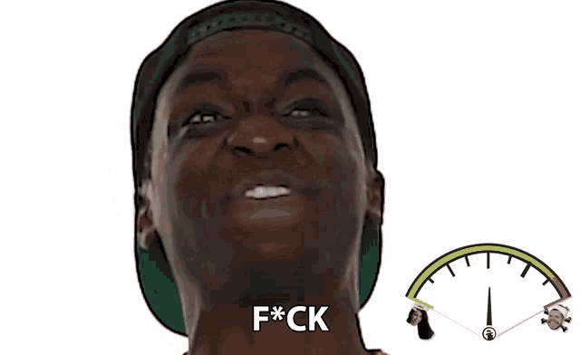 a man wearing a black hat and a white shirt says f * ck next to a speedometer