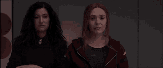 two women are standing next to each other in a room .