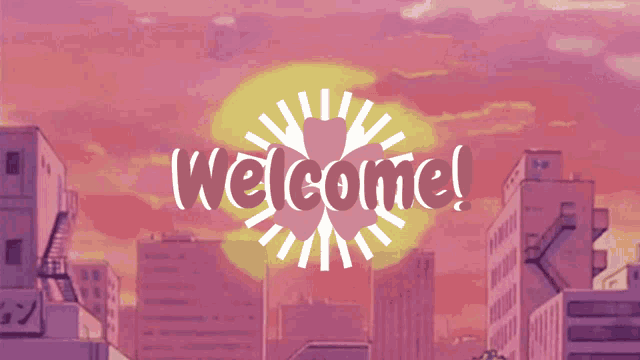 a sign that says welcome on it with a sunset in the background