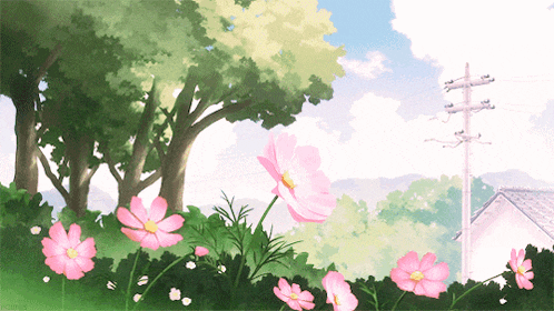 a painting of pink flowers in a field with trees and a house in the background
