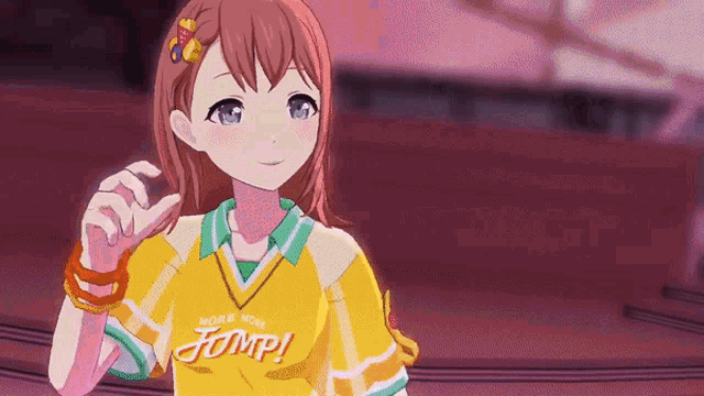 a girl is wearing a yellow shirt that says jump on it