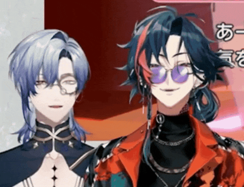 a couple of anime characters are standing next to each other .