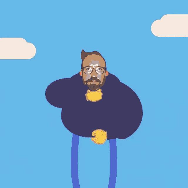 a man with glasses and a beard is flying through the air wearing a superhero costume