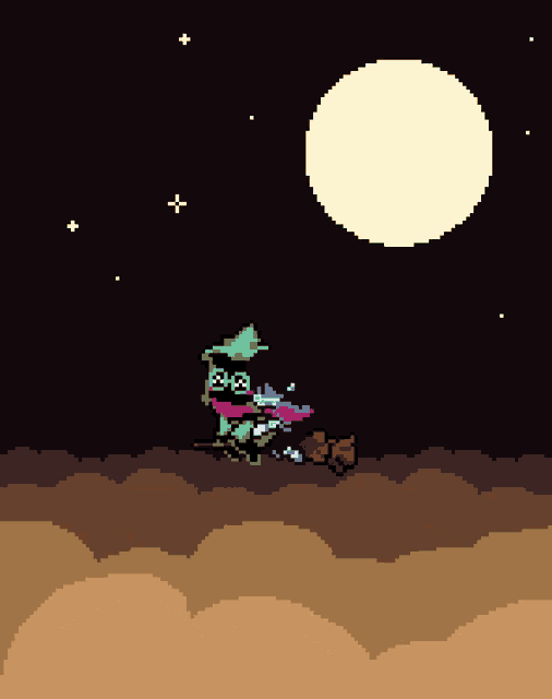 a pixel art of a person riding a broom under a full moon .
