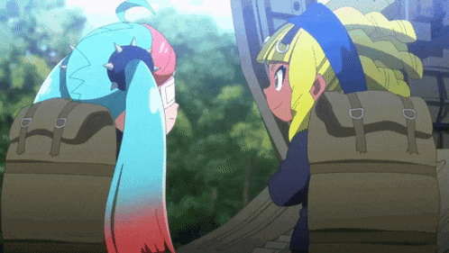 a couple of anime characters standing next to each other with backpacks