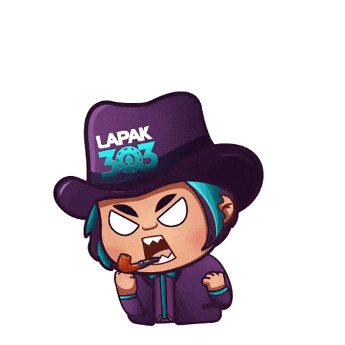a cartoon character is wearing a purple hat that says lapak 303