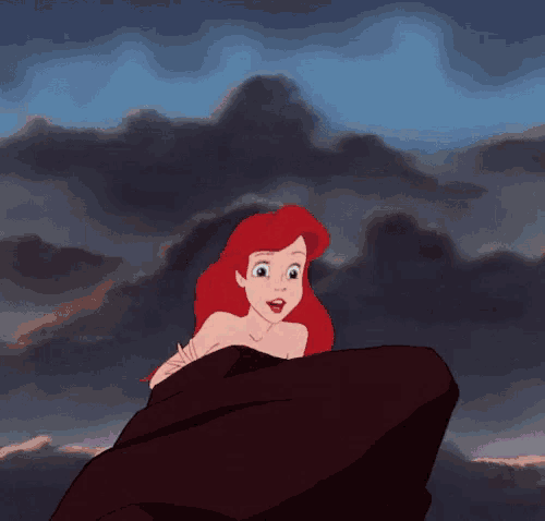 ariel from the little mermaid is sitting on a rock looking at the sky .