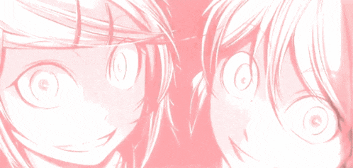 two anime characters are looking at each other and one has a swirl in his eye